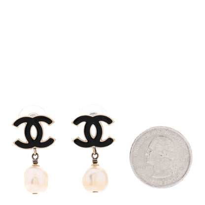 Chanel Pearl Enamel CC Drop Earrings Black Gold 2 of 5