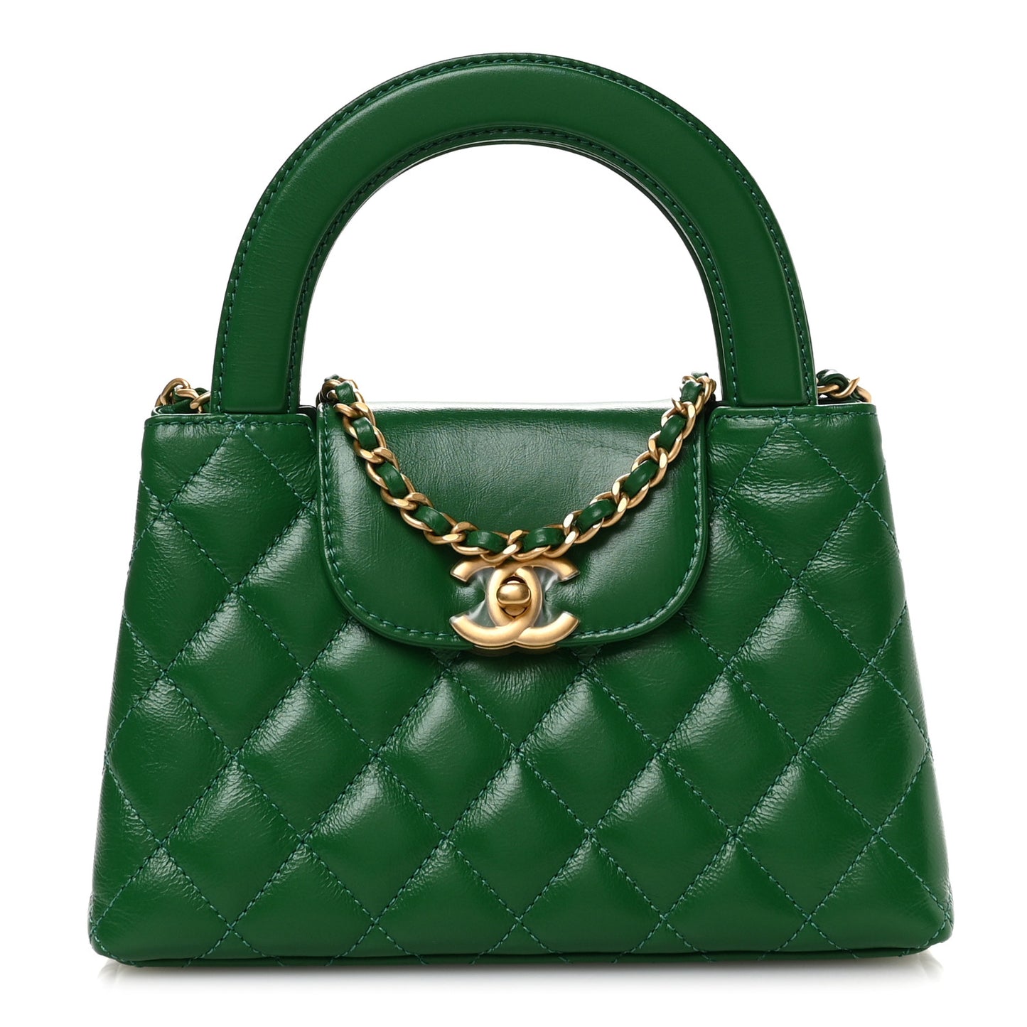 Shiny Aged Calfskin Quilted Nano Kelly Shopper Green
