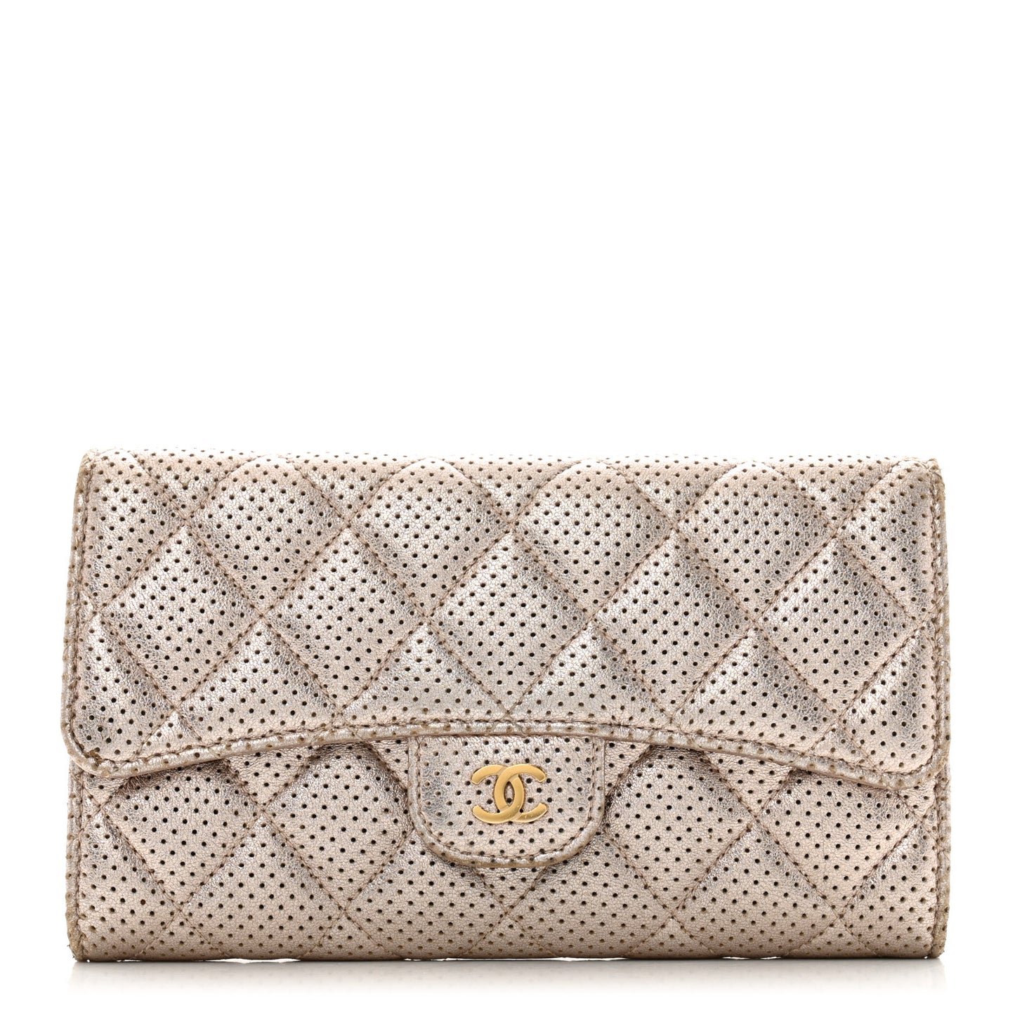 Metallic Perforated Lambskin Quilted Large Flap Wallet  Light Pink