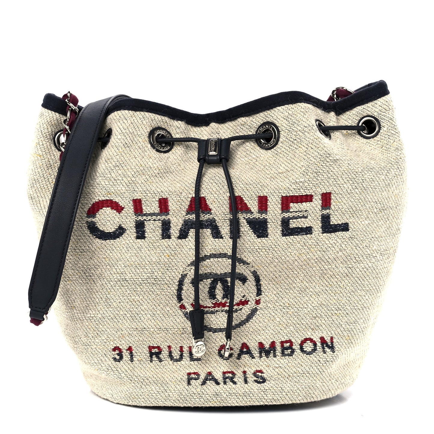 Striped Canvas Deauville Drawstring Bag Beige