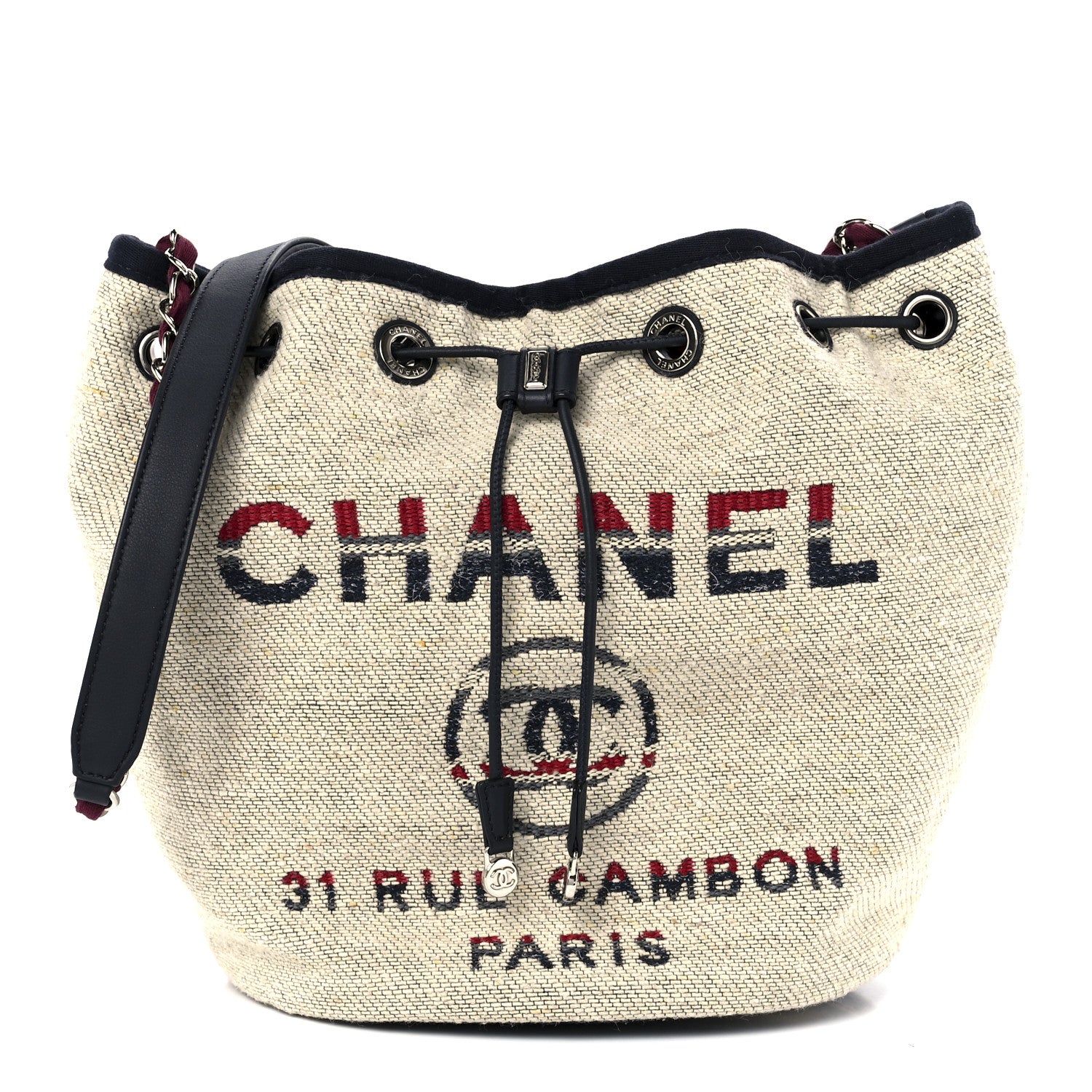 Chanel Striped Canvas Deauville Drawstring Bag Beige 1 of 11