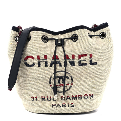 Chanel Striped Canvas Deauville Drawstring Bag Beige 1 of 11