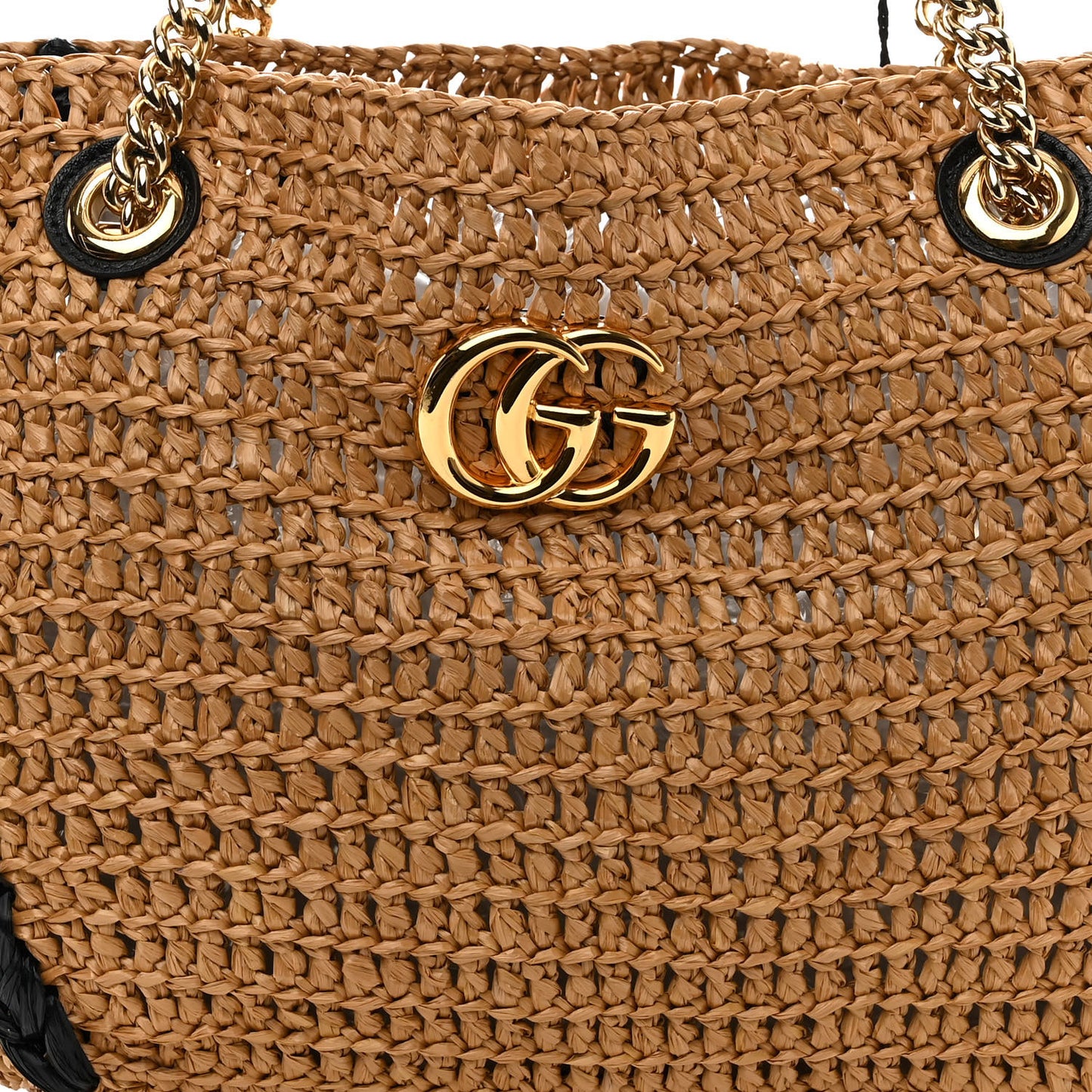 Raffia Effect Medium GG Marmont Shoulder Tote Bag Natural Black