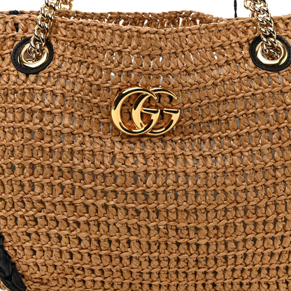 Gucci Raffia Effect Medium GG Marmont Shoulder Tote Bag Natural Black 6 of 8