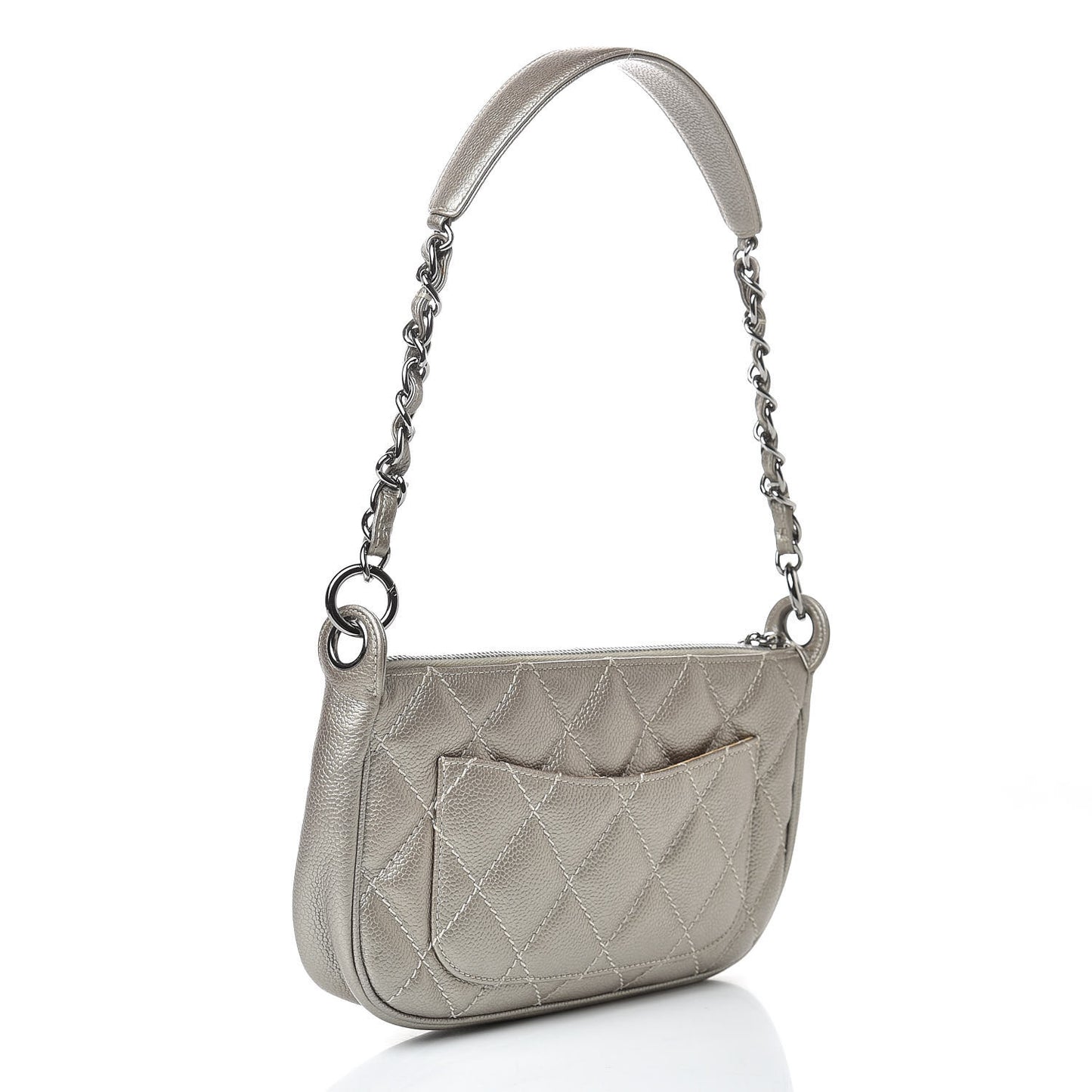 Metallic Caviar Quilted CC Shoulder Bag Silver