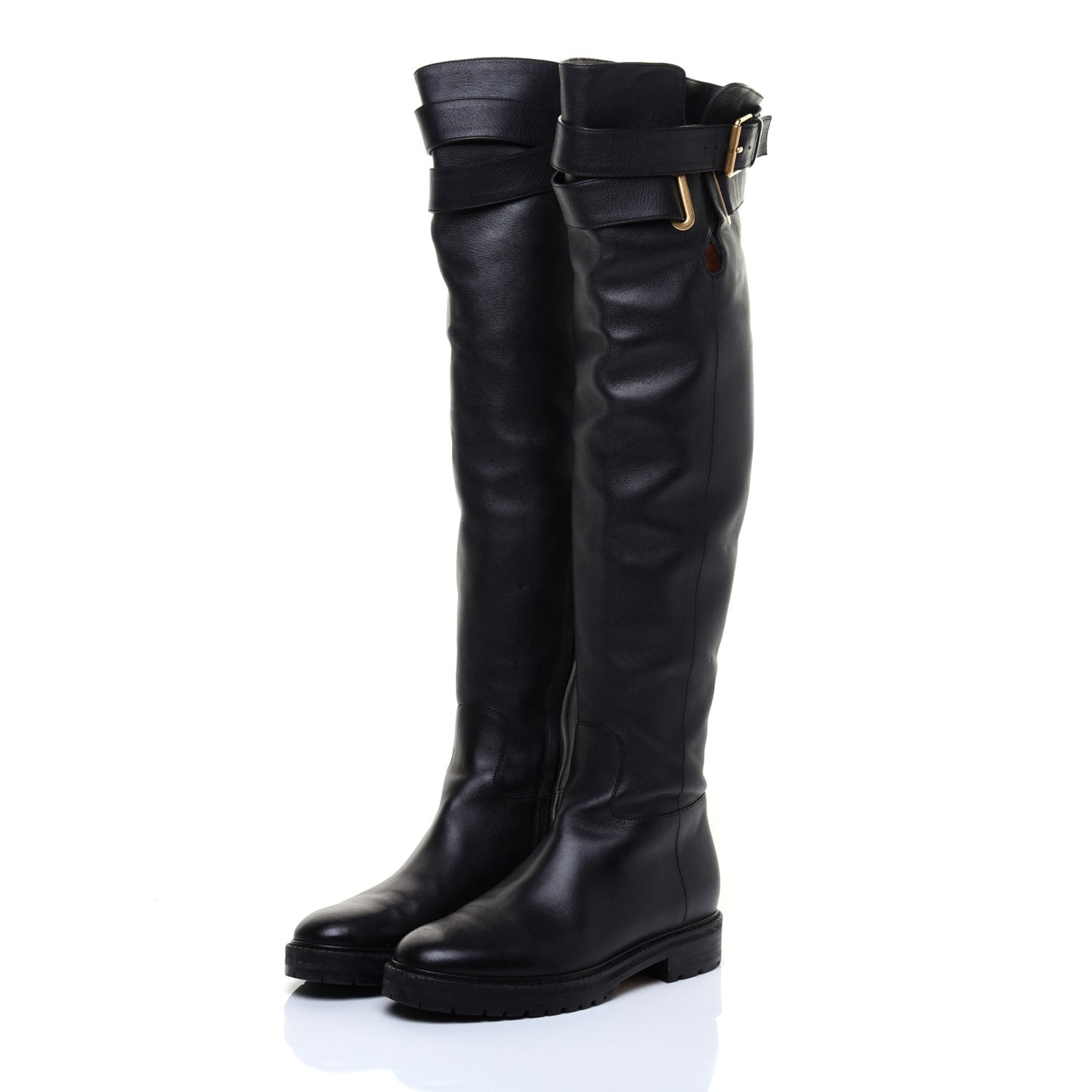 Calfskin Knee High Buckle Boots 37 Black