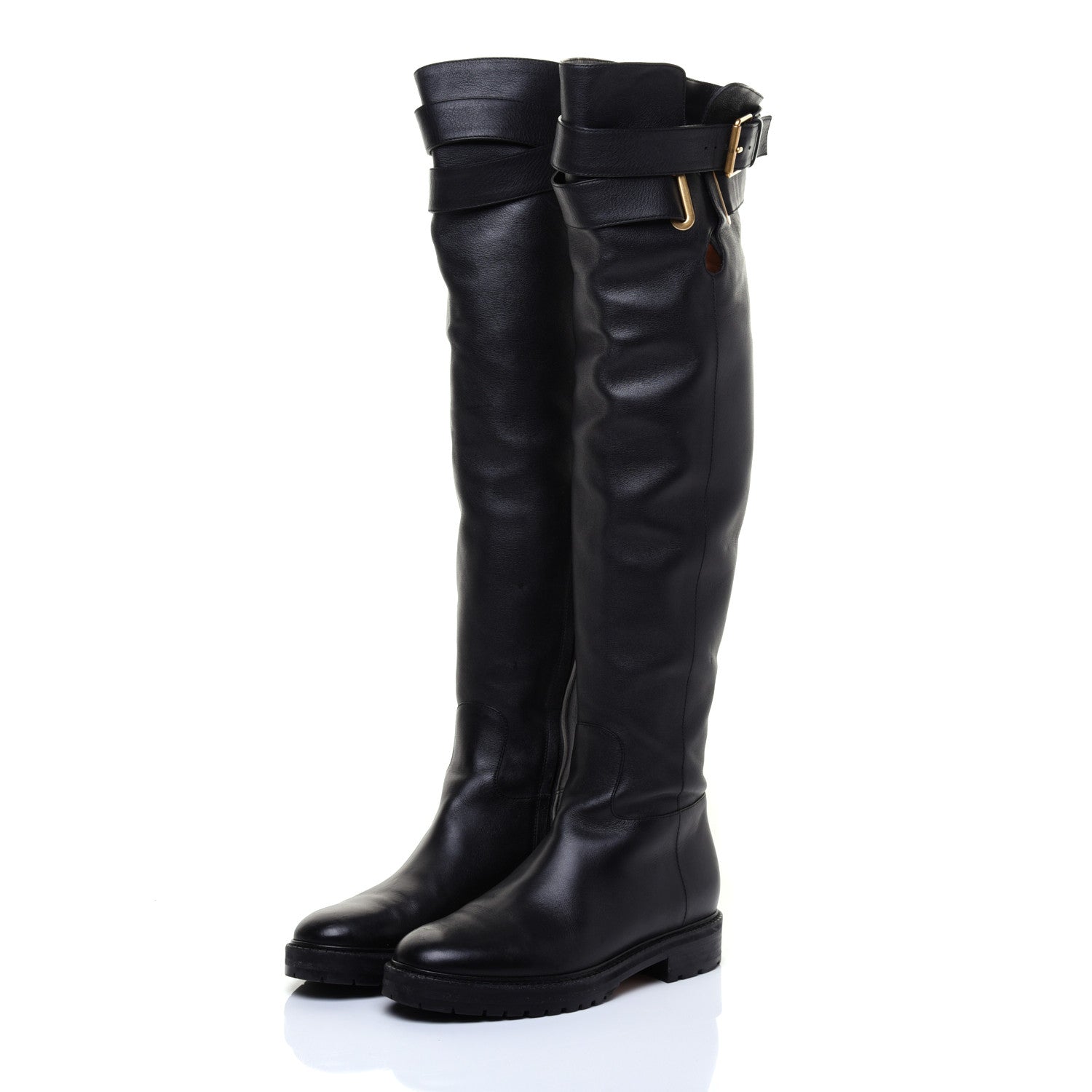 Valentino Garavani Calfskin Knee High Buckle Boots 37 Black 3 of 7