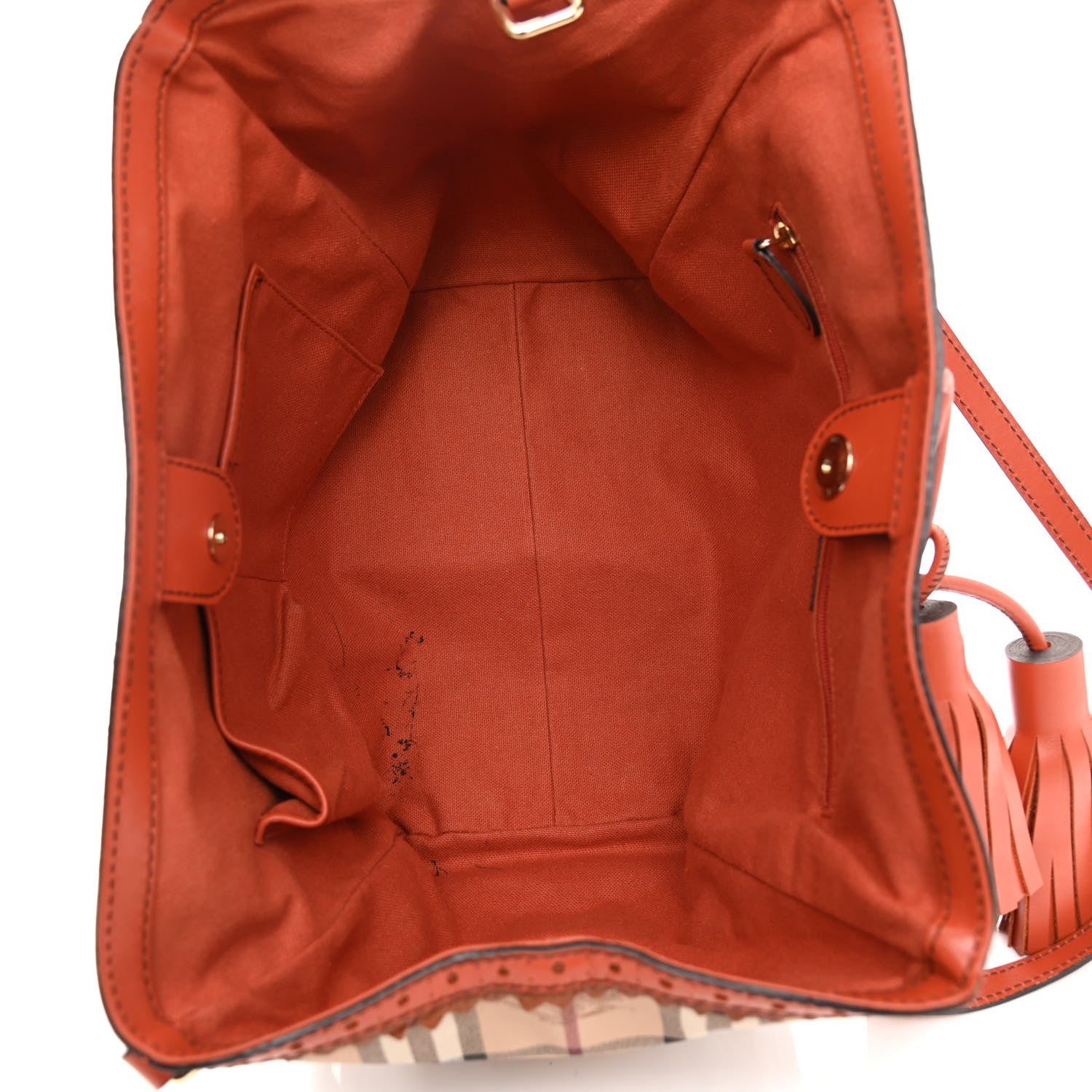 Burberry Haymarket Check Small Brogue Tassel Tote Bright Russet 4 of 10