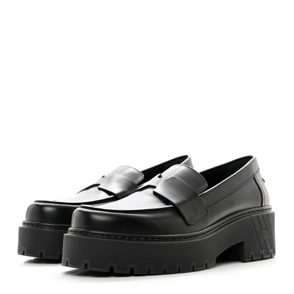Hermes Glazed Calfskin Womens Hitch Loafers 36.5 Black 3 of 9