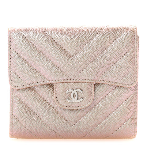 Metallic Caviar Chevron Quilted Compact Flap Wallet Light Gold