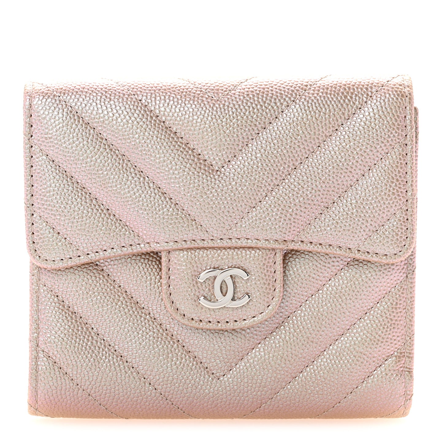 Metallic Caviar Chevron Quilted Compact Flap Wallet Light Gold