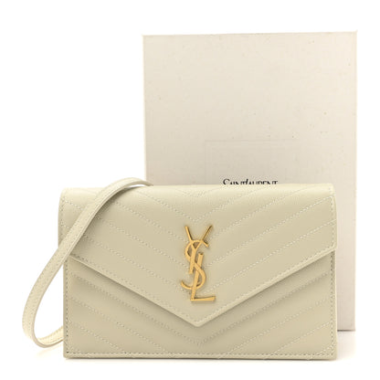 Saint Laurent Grain De Poudre Matelasse Chevron Monogram Envelope Chain Wallet Crema Soft 10 of 10