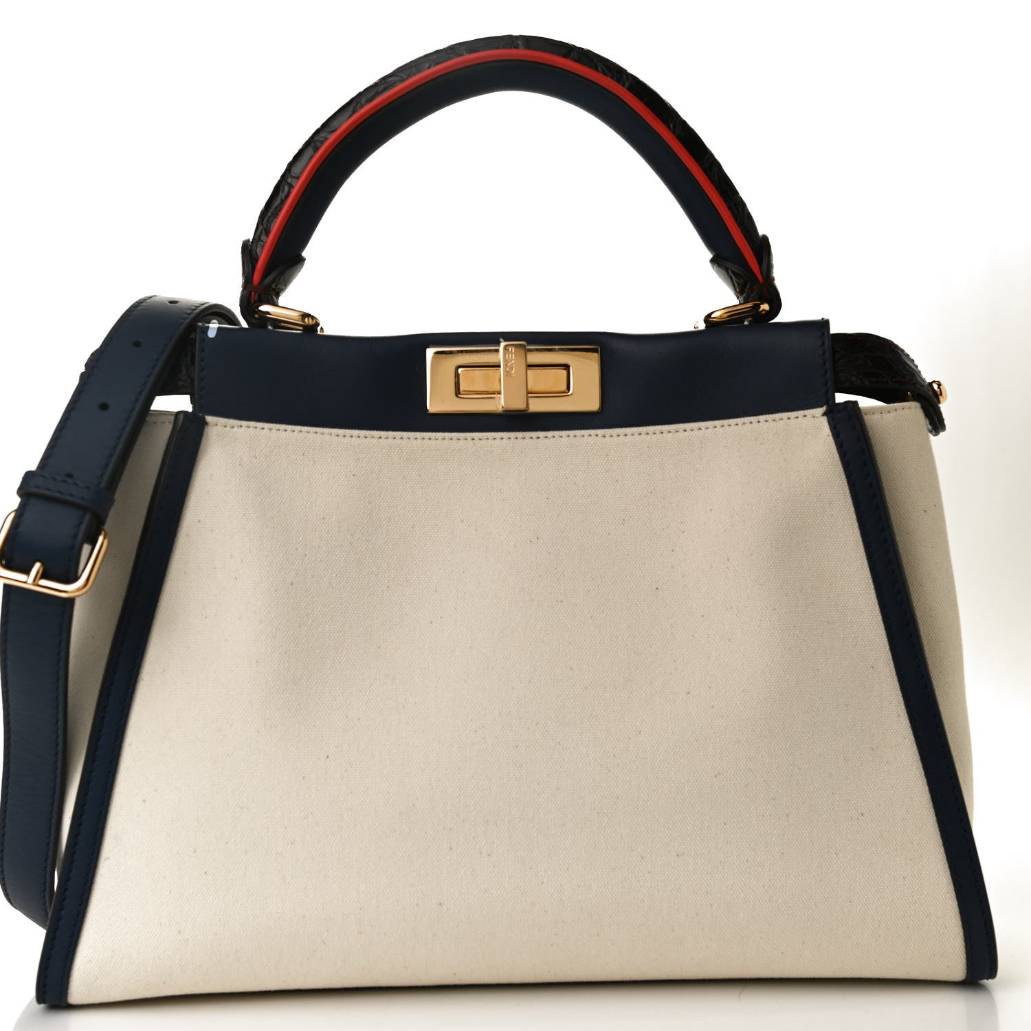 Fendi Canvas Crocodile Embossed Medium Peekaboo Iconic Satchel White Navy Red 8 of 13