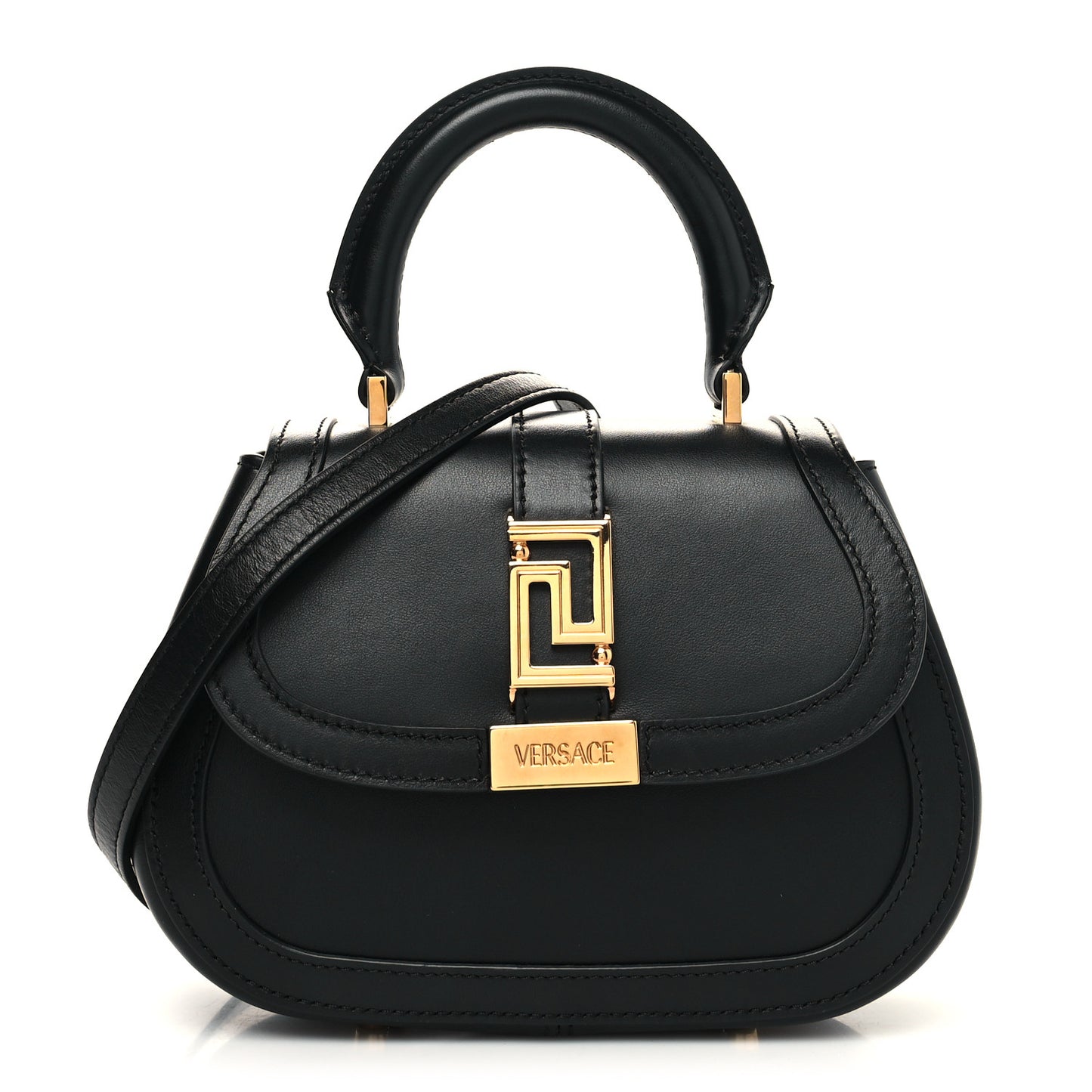 Calfskin Greca Goddess Mini Top Handle Bag Black