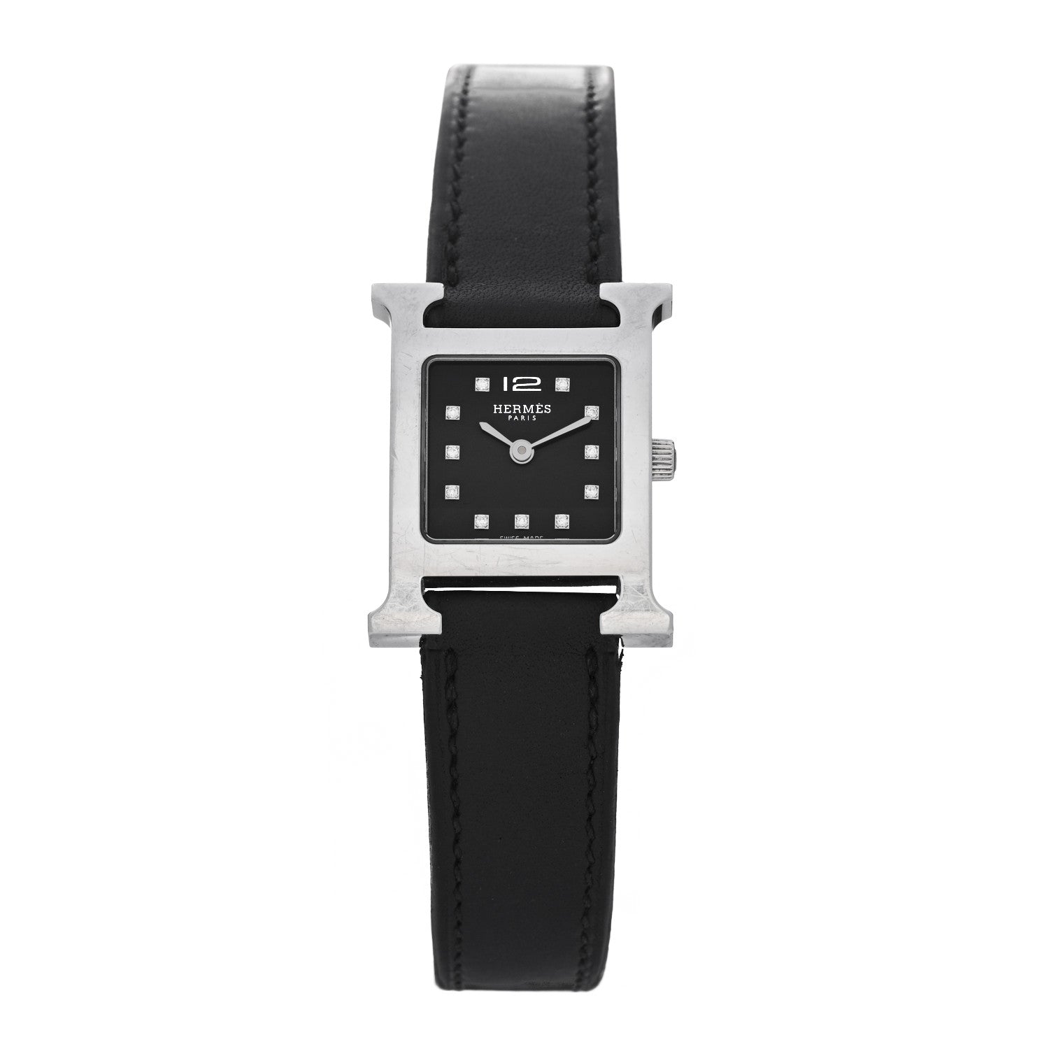 Hermes Stainless Steel Barenia Diamond 21mm Heure H Hour Quartz Watch Noir 1 of 5