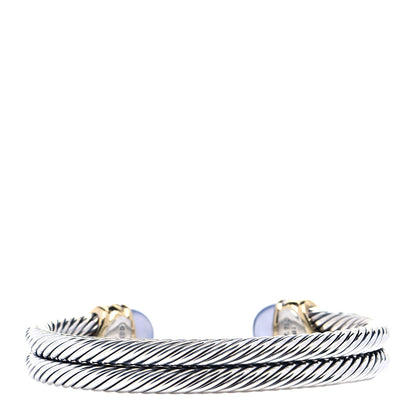 David Yurman Sterling Silver 18K Yellow Gold Diamond Blue Chalcedony Double Cable Bracelet 3 of 4