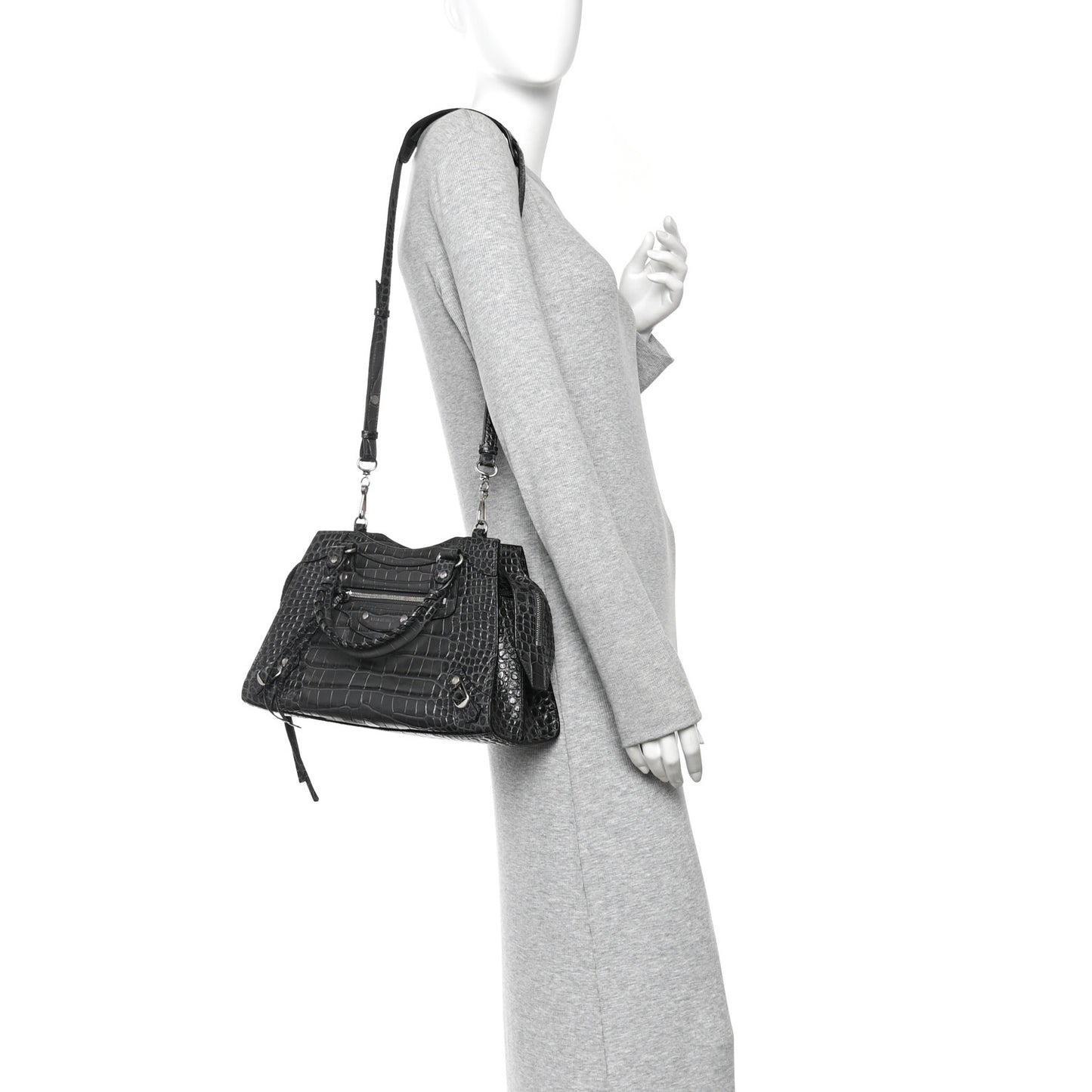 Shiny Supple Calfskin Crocodile Embossed Neo Classic Silver Hardware S City Dark Grey