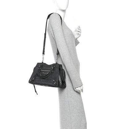 Balenciaga Shiny Supple Calfskin Crocodile Embossed Neo Classic Silver Hardware S City Dark Grey 2 of 9