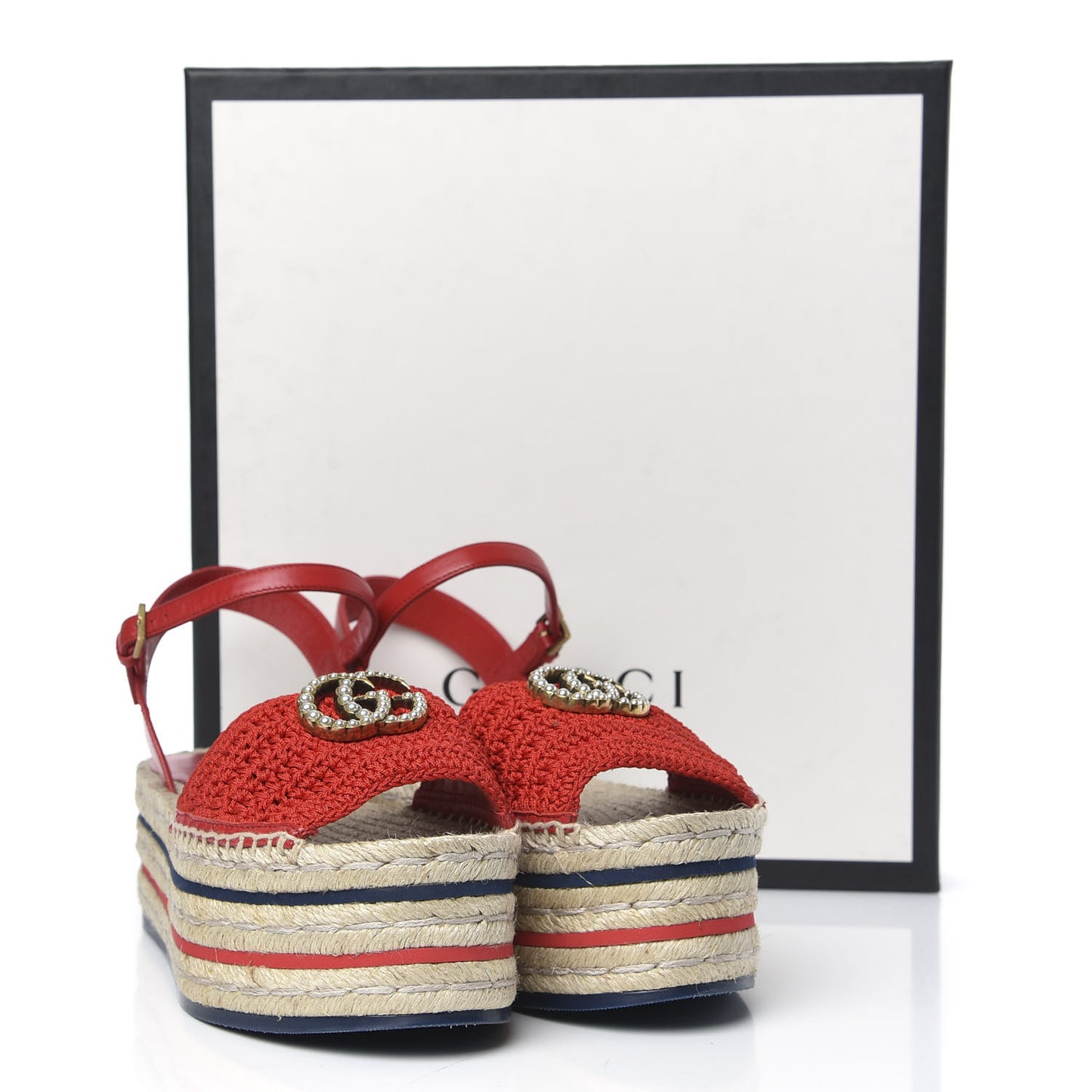 Cotton Malaga Kid Crochet Pearly GG Lilibeth Espadrille Platform Sandals 37.5 Hibiscus Red