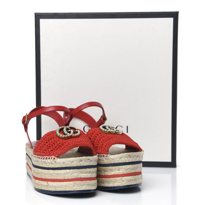 Gucci Cotton Malaga Kid Crochet Pearly GG Lilibeth Espadrille Platform Sandals 37.5 Hibiscus Red 8 of 8