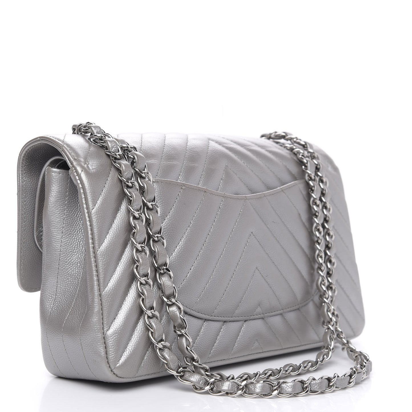 Metallic Caviar Chevron Quilted Medium Double Flap Silver