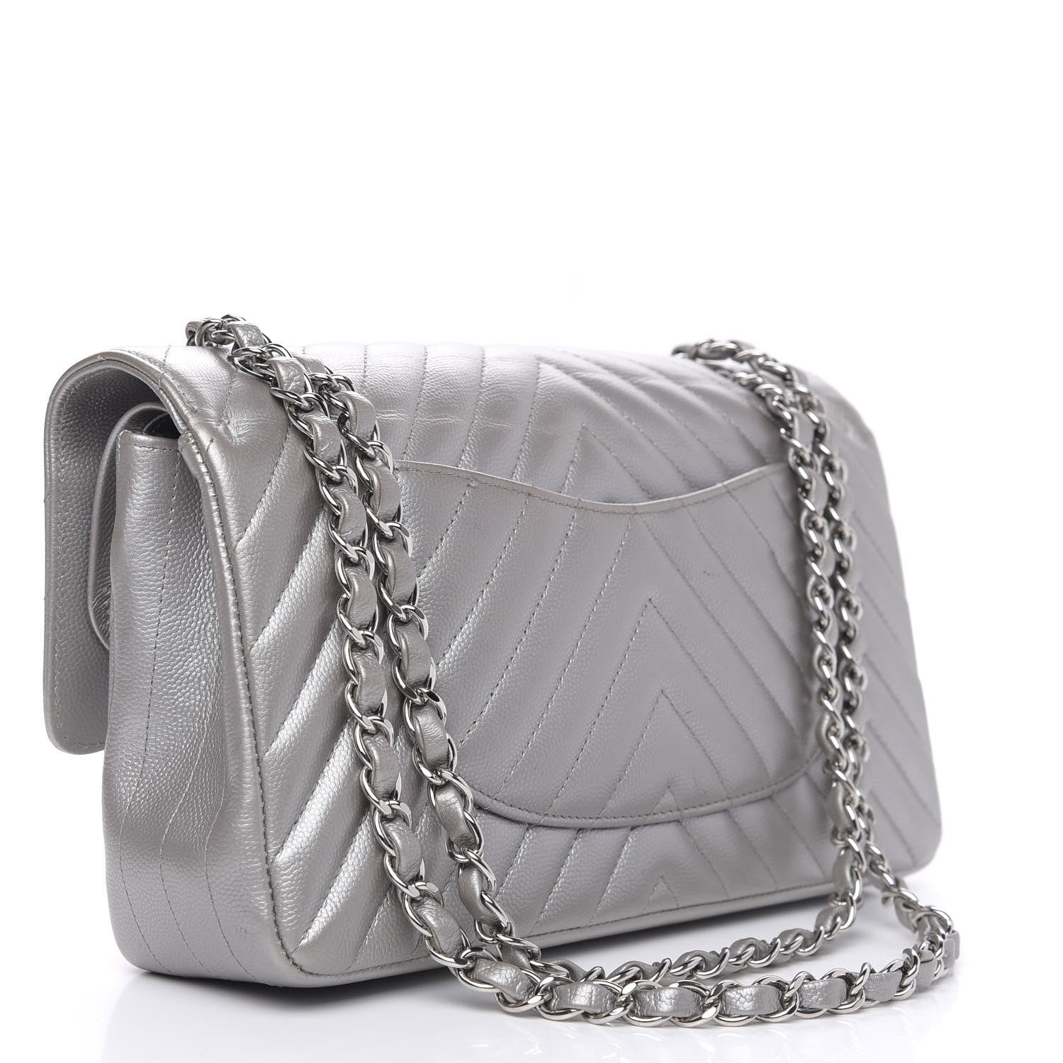 Chanel Metallic Caviar Chevron Quilted Medium Double Flap Silver 3 of 16