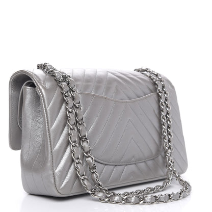 Chanel Metallic Caviar Chevron Quilted Medium Double Flap Silver 3 of 16
