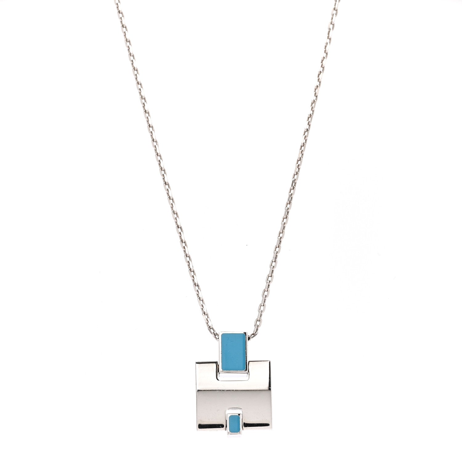 Hermes Palladium Lacquered Eileen Pendant Necklace Bleu Zanzibar 1 of 7