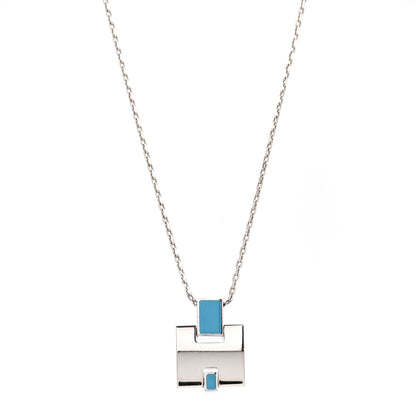 Hermes Palladium Lacquered Eileen Pendant Necklace Bleu Zanzibar 1 of 7