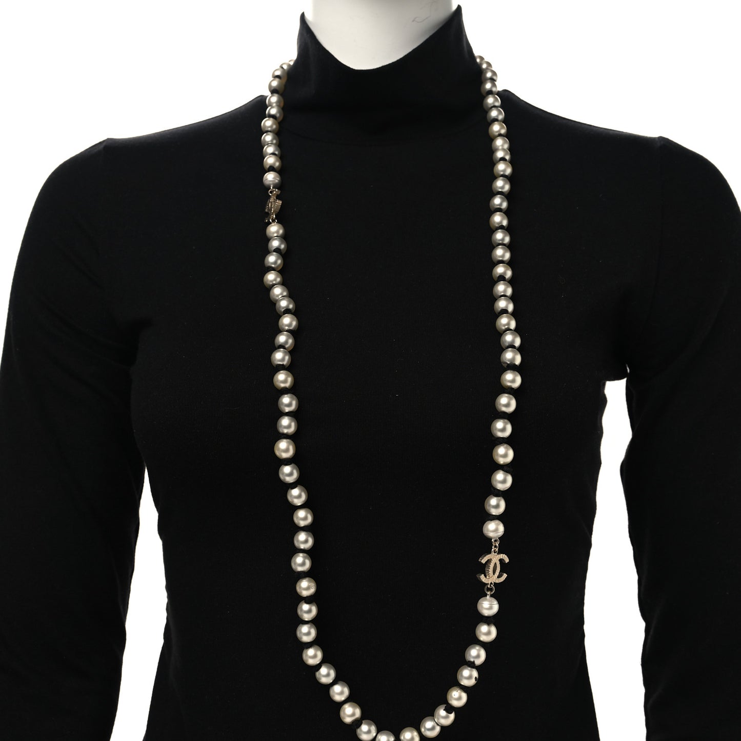 Pearl Grosgrain CC Long Necklace Gold