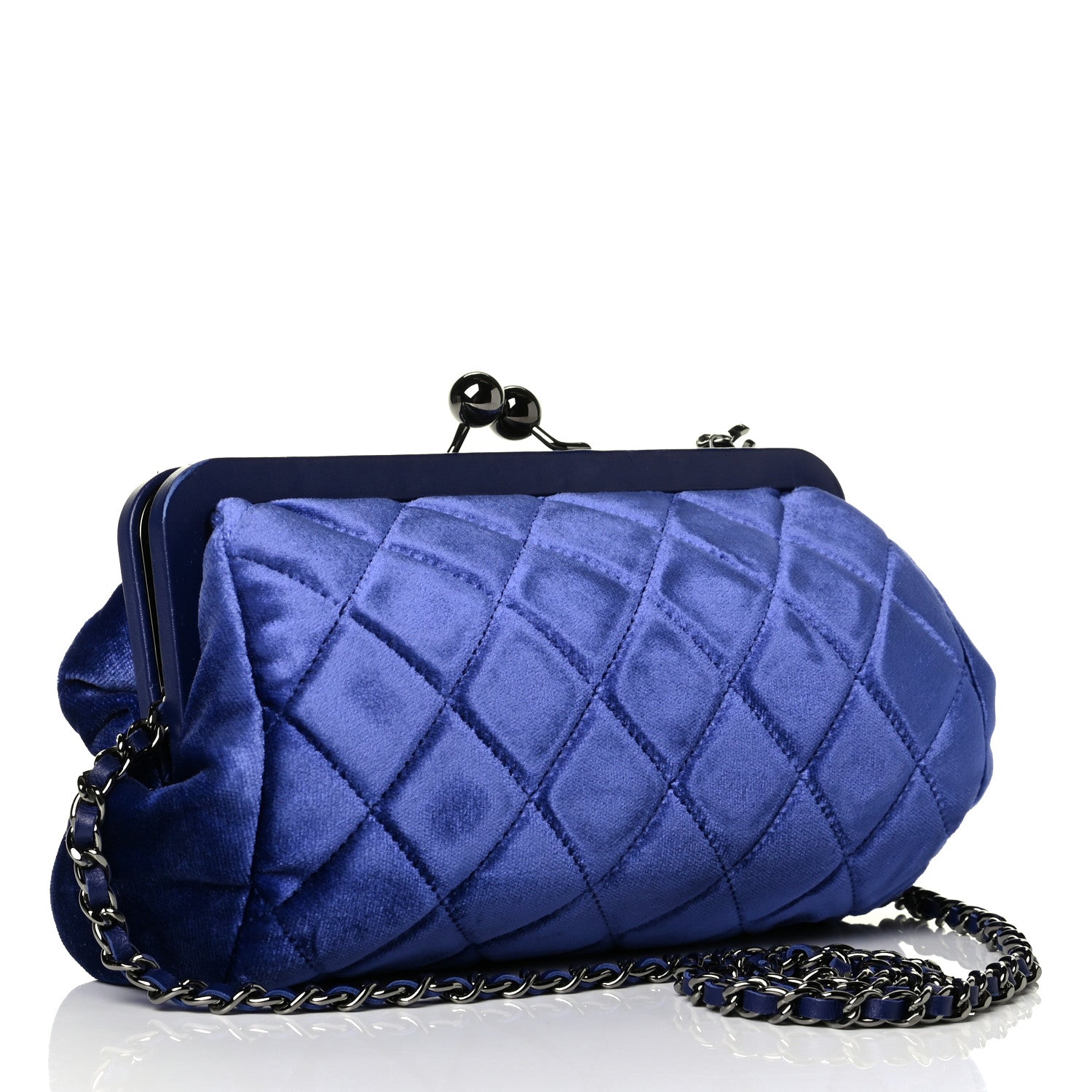 Chanel Velvet Quilted Kiss Lock Evening Bag Blue 2 of 7