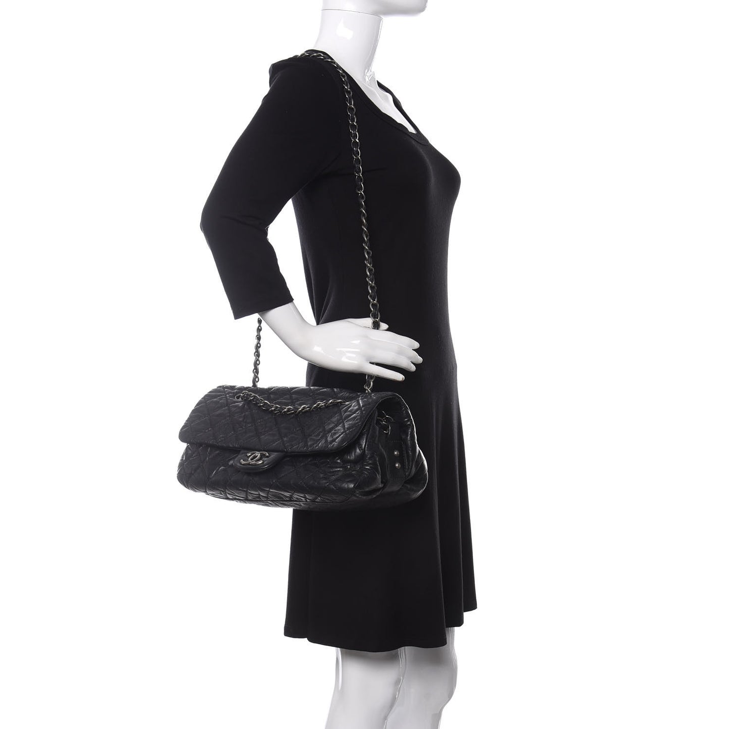 Distressed Lambskin Quilted Flap Black