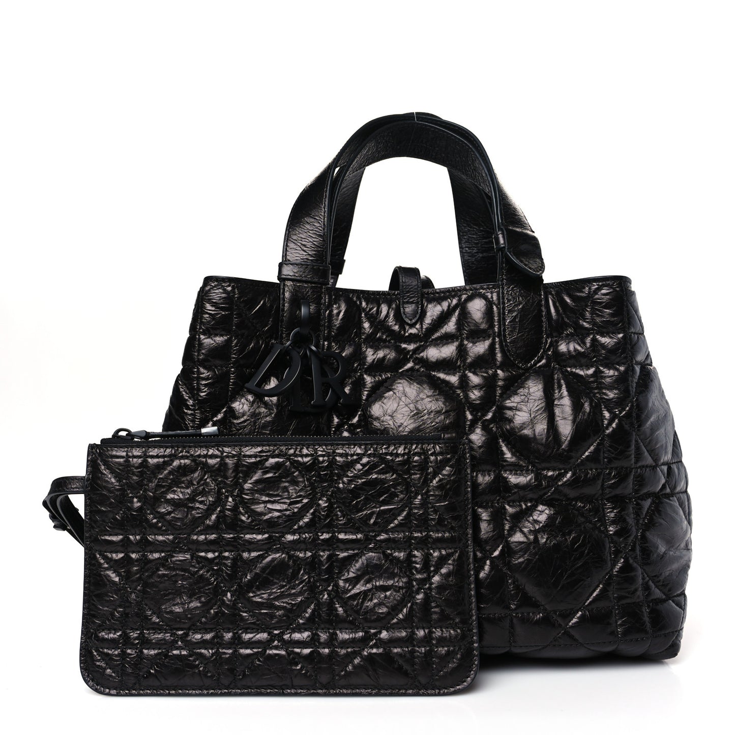 Crinkled Calfskin Cannage Medium Dior Tojours Bag Black