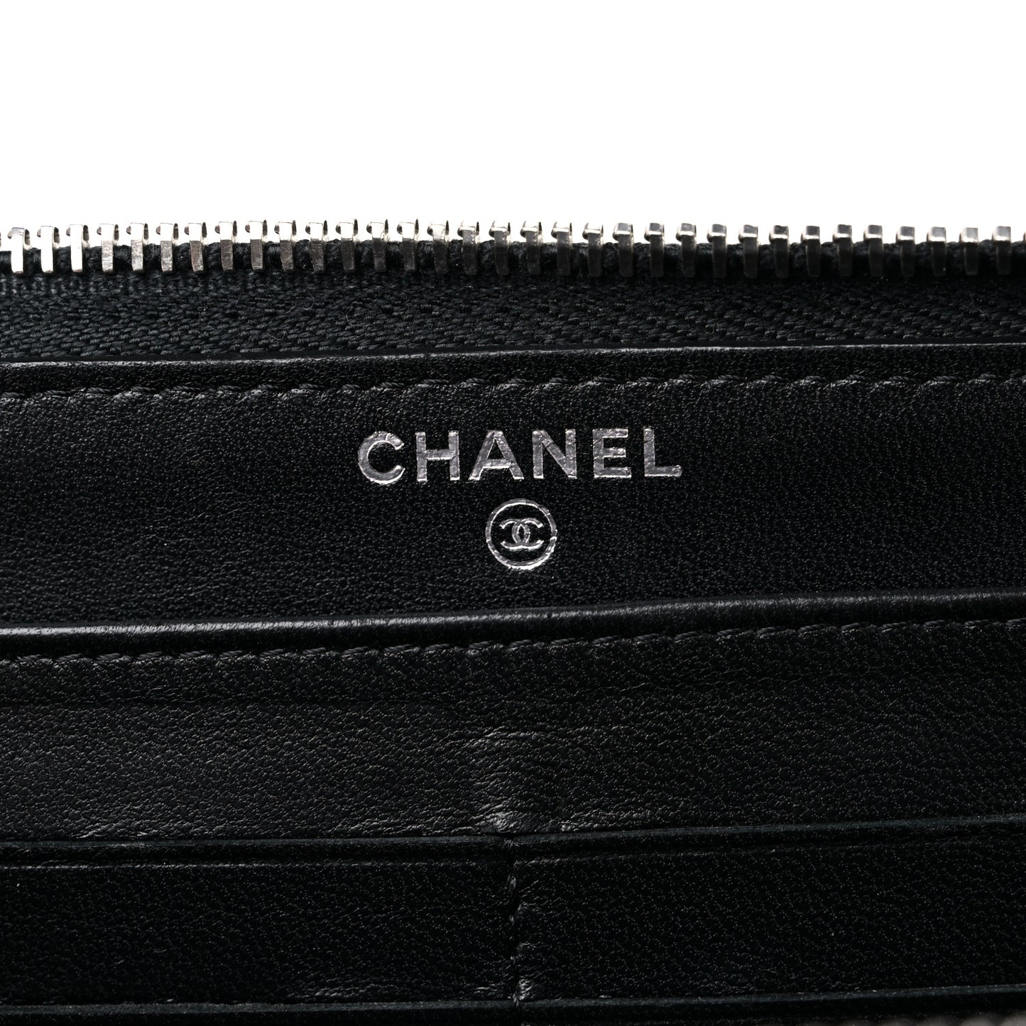 Lambskin Camellia Embossed Large Zip Around Gusset Wallet Black White