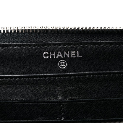 Chanel Lambskin Camellia Embossed Large Zip Around Gusset Wallet Black White 6 of 18