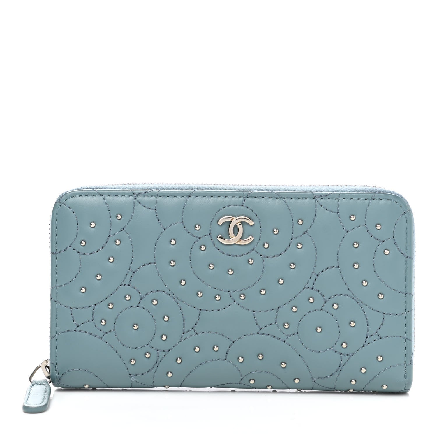 Chanel Lambskin Camellia Embossed Studded Medium Zip Around Blue 1 of 9