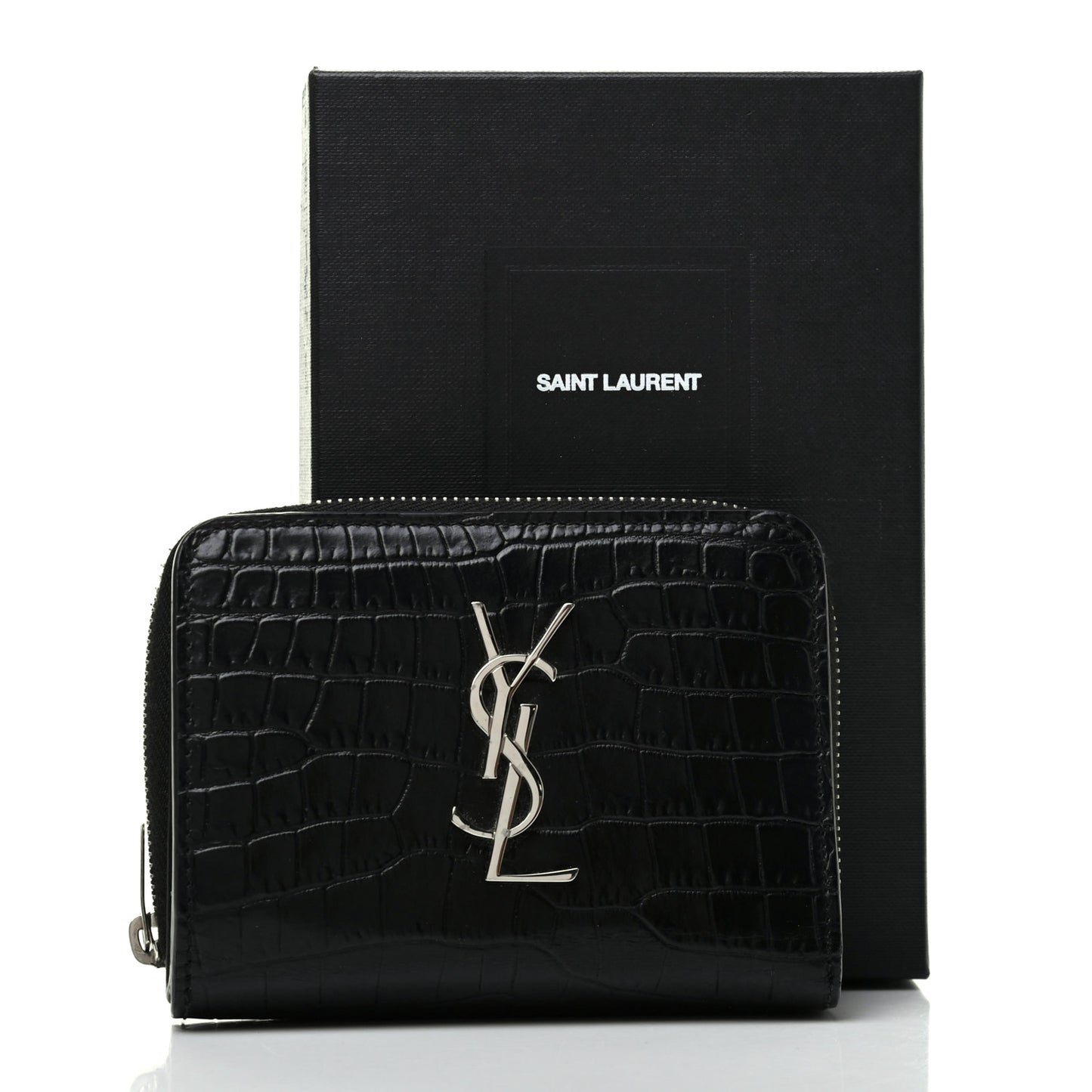 Calfskin Crocodile Embossed Monogram Compact Wallet Black