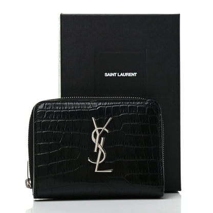 Saint Laurent Calfskin Crocodile Embossed Monogram Compact Wallet Black 10 of 10