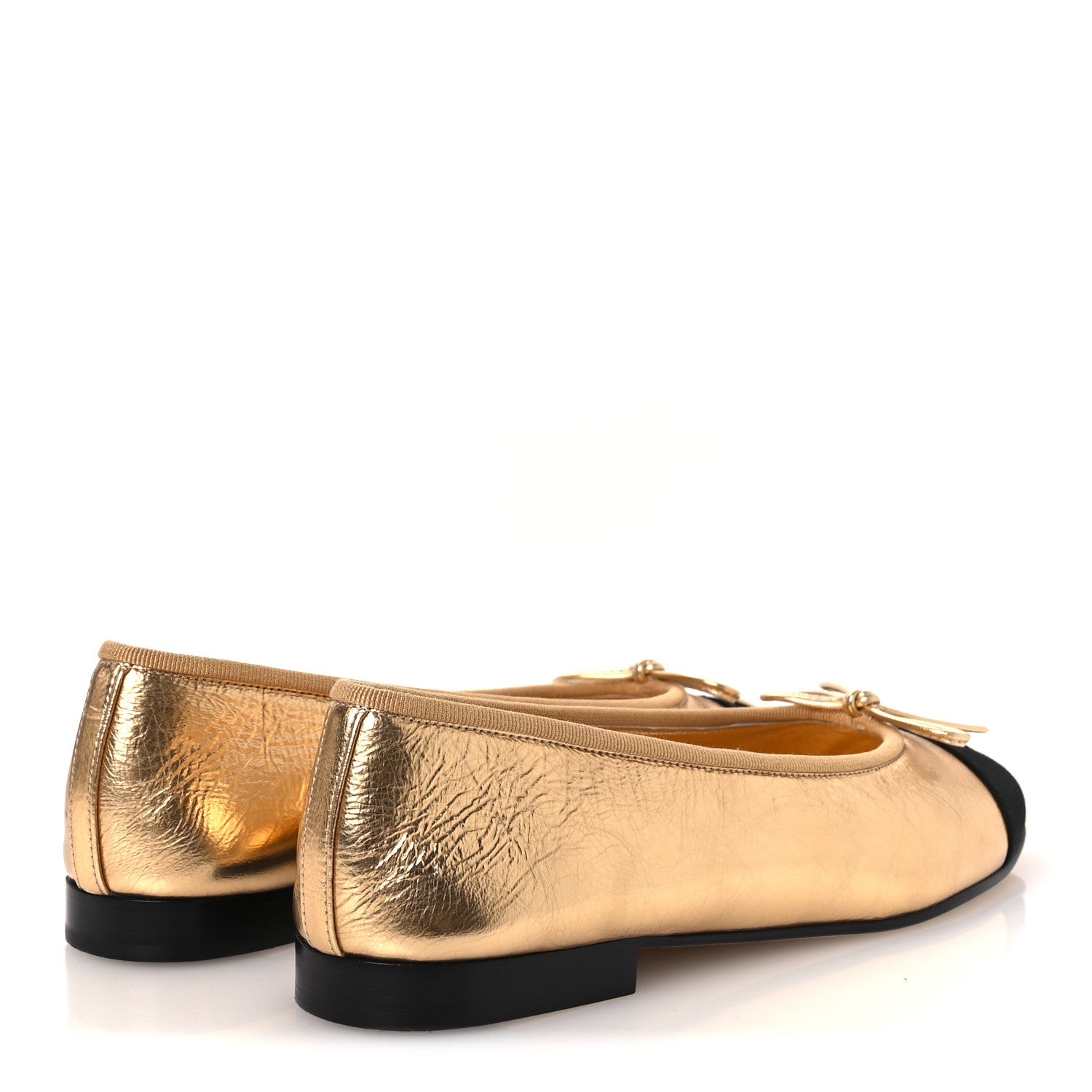 Chanel Laminated Crumpled Lambskin Grosgrain Cap Toe CC Ballerina Flats 37.5 Gold Black 5 of 12