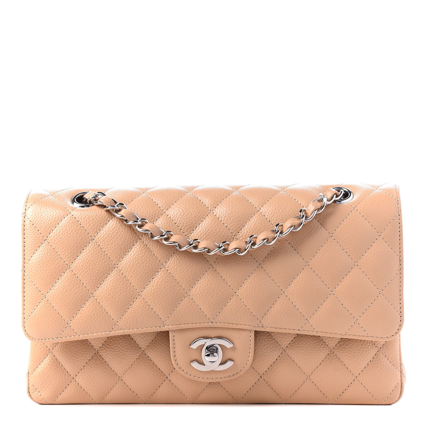 Caviar Quilted Medium Double Flap Beige