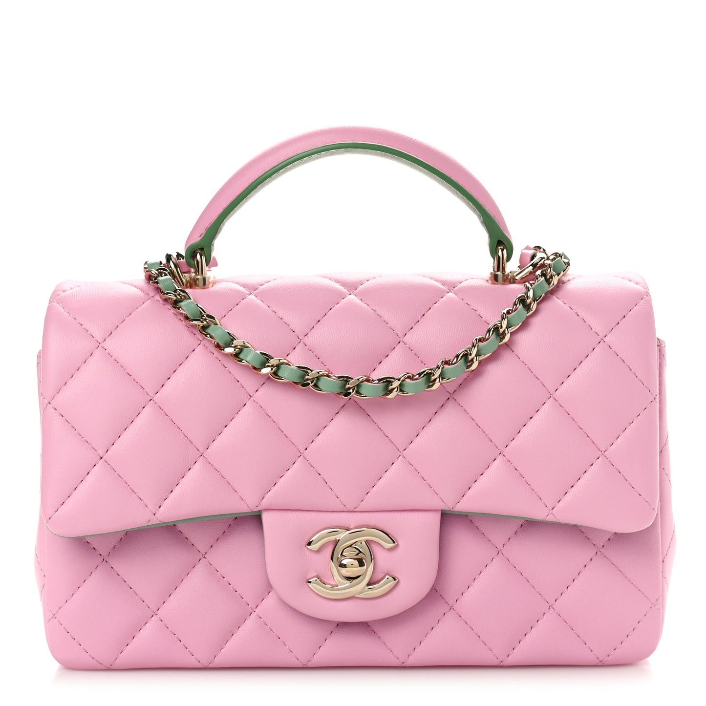 Lambskin Quilted Mini Top Handle Rectangular Flap Lilac Light Green