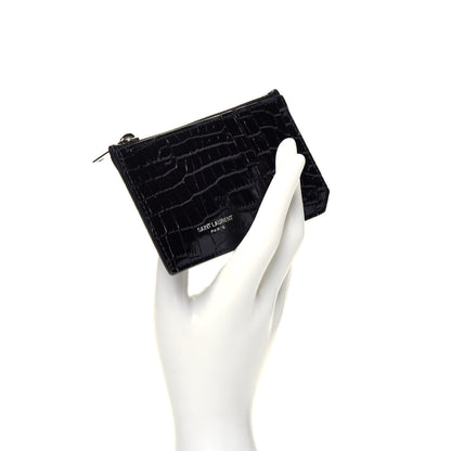 Saint Laurent Calfskin Crocodile Embossed 5 Fragments Zip Pouch Card Holder Black 2 of 7