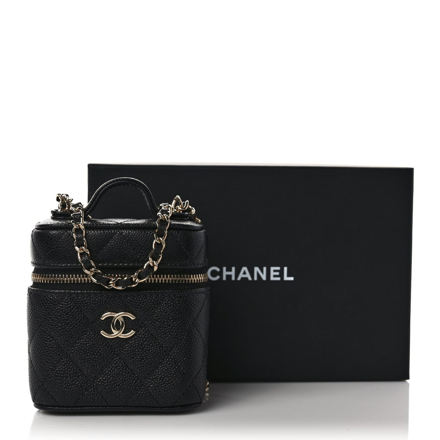 Caviar Quilted Small Handle With Care Vanity Case With Chain Black