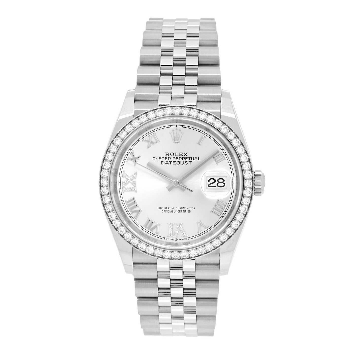 Stainless Steel 18K White Gold Diamond Bezel 36mm Oyster Perpetual Datejust Watch Silver 126284