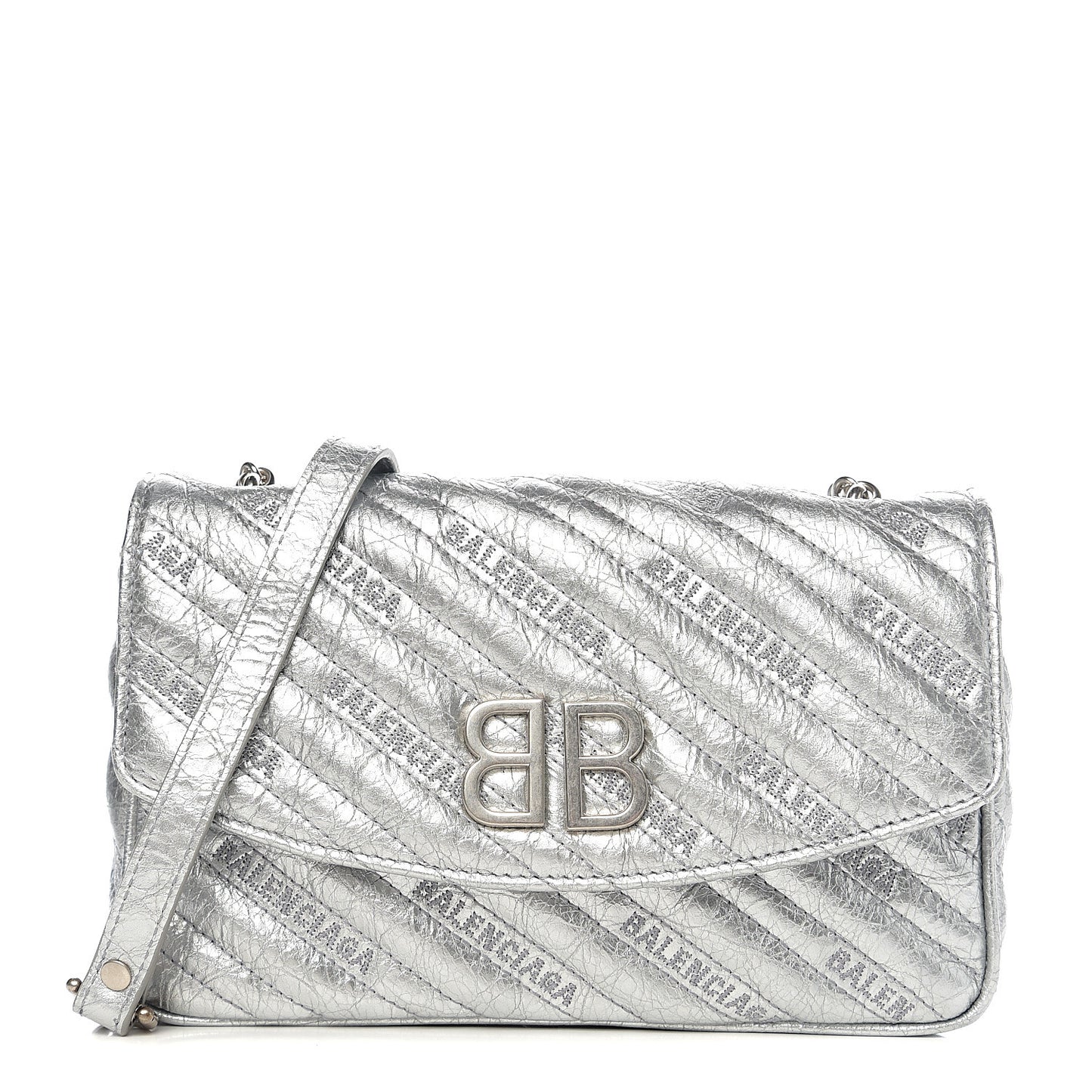 Metallic Arena Calfskin Logo Matelasse BB Chain Wallet Argent