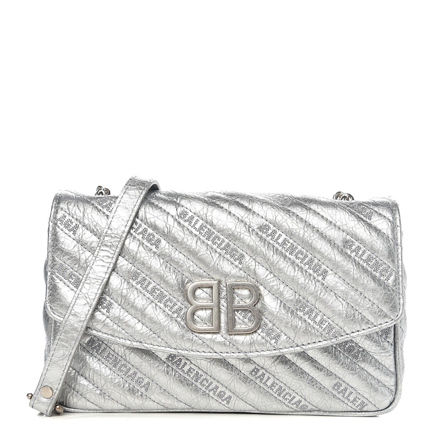 Balenciaga Metallic Arena Calfskin Logo Matelasse BB Chain Wallet Argent 1 of 8