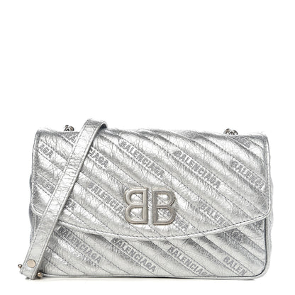 Balenciaga Metallic Arena Calfskin Logo Matelasse BB Chain Wallet Argent 1 of 8