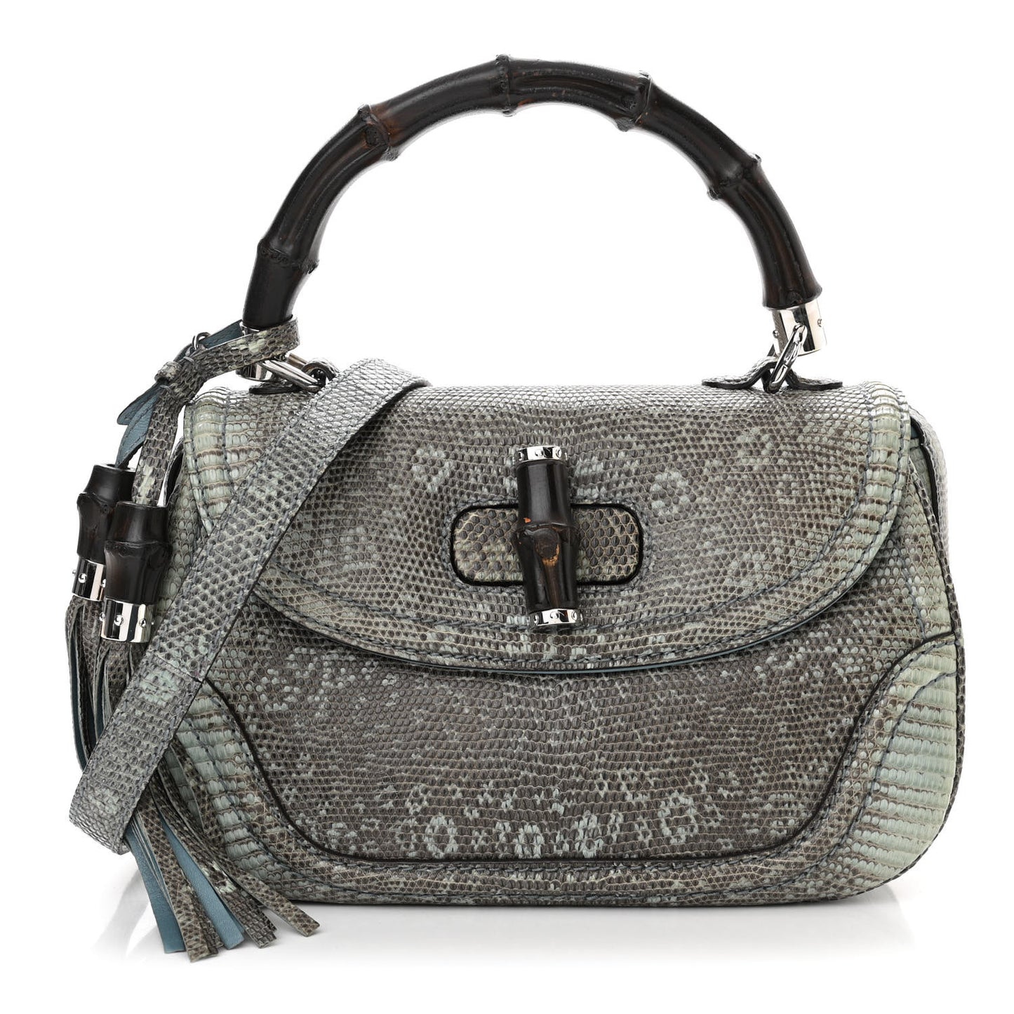 Calfskin Lizard Embossed Medium New Bamboo Top Handle Bag Blue