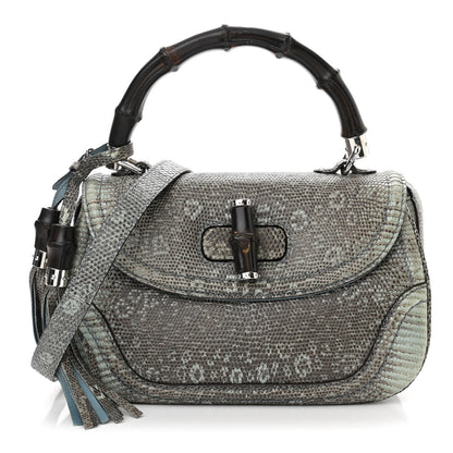 Gucci Calfskin Lizard Embossed Medium New Bamboo Top Handle Bag Blue 1 of 14