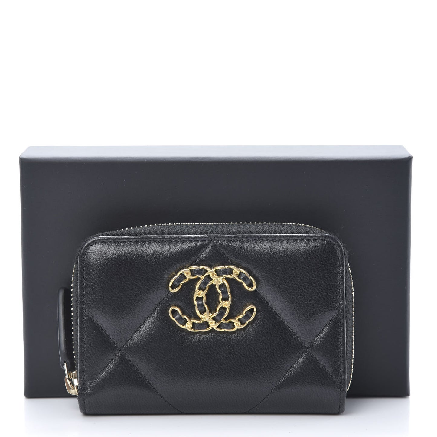 Shiny Goatskin Quilted Chanel 19 Zip Around Coin Purse Wallet Black